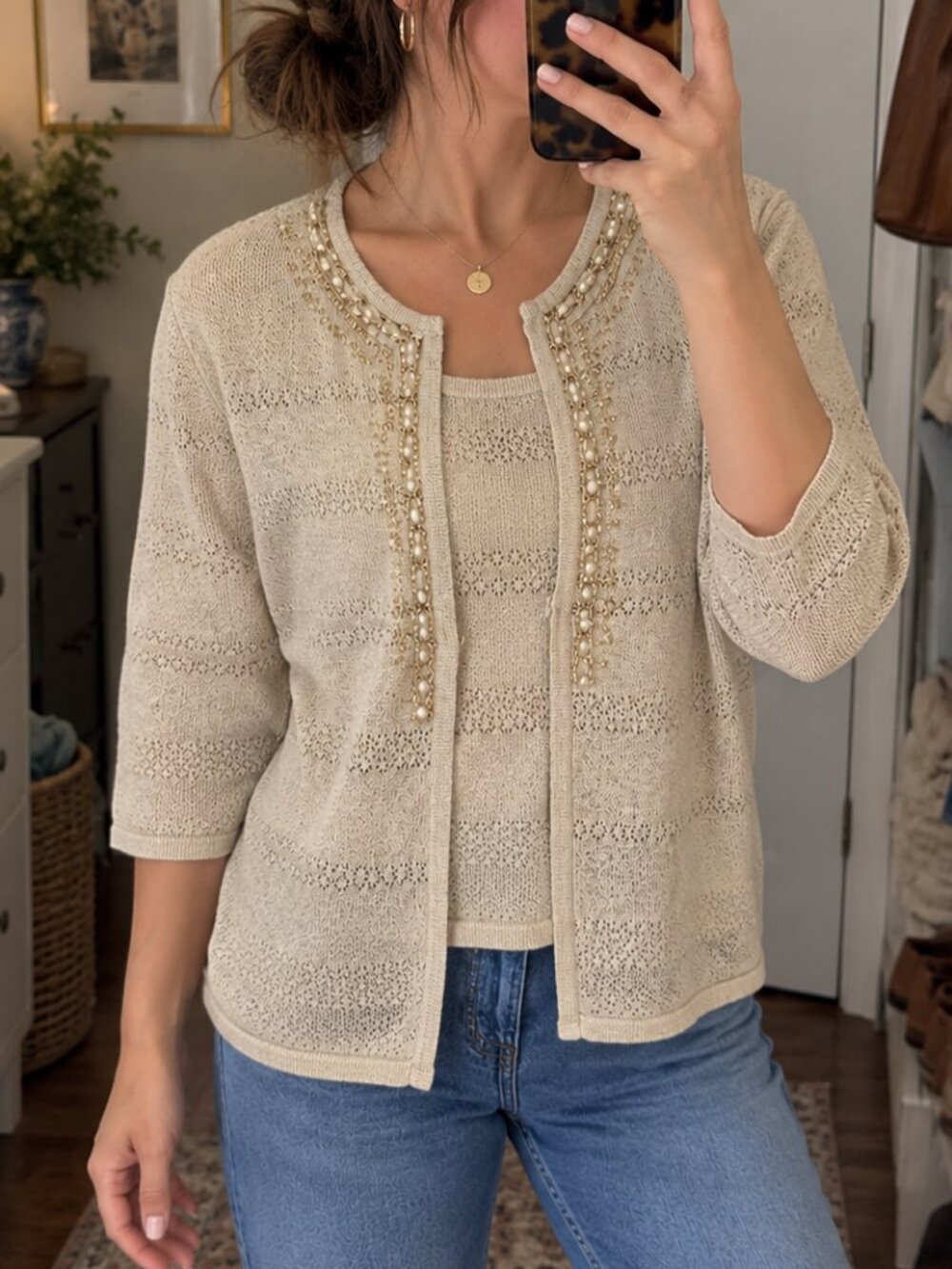 Alfred Dunner 2 in 1 Knit Top Large Beige Pointelle Pearl Chain Trim 3/4 Sleeve